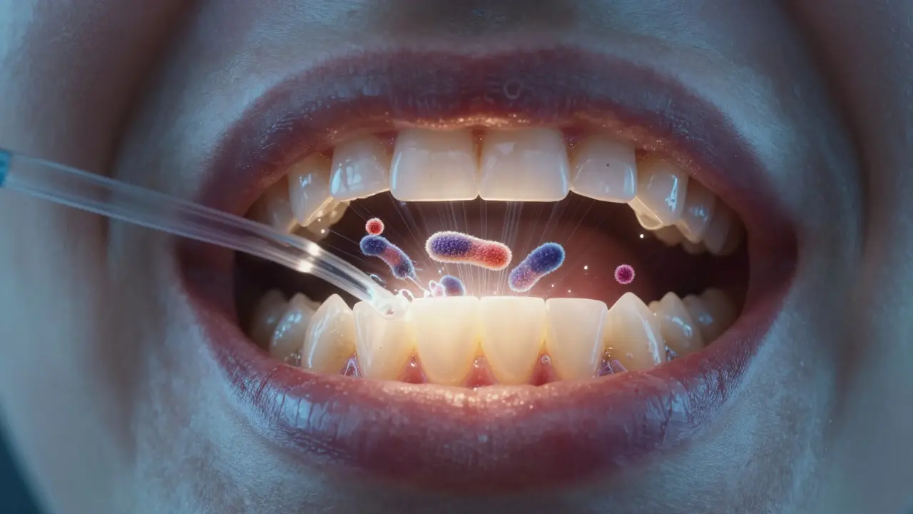Vnitřní pohled do úst, kde ultrazvukové vlny ničí bakterie a minerály bez chemie.