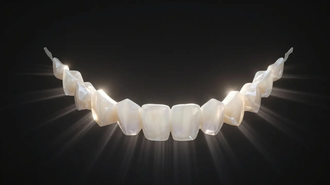 Zářivý úsměv složený z přirozeně leskoucích se keramických prvků v temném prostředí.