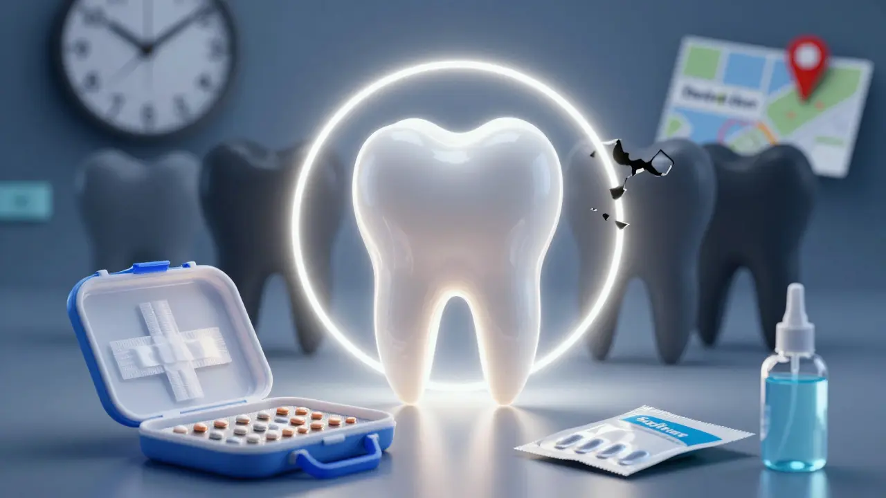 Zdravý zub v záři, vedle něj první pomoc na bolest zubů a mapa pohotovosti.