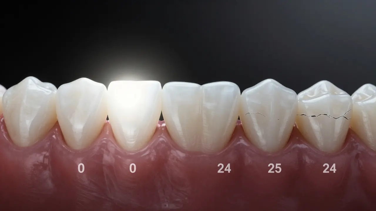 Zub s bílou plombou, která se postupně zpevňuje během 24 hodin, s viditelnými riziky při předčasném zatížení.