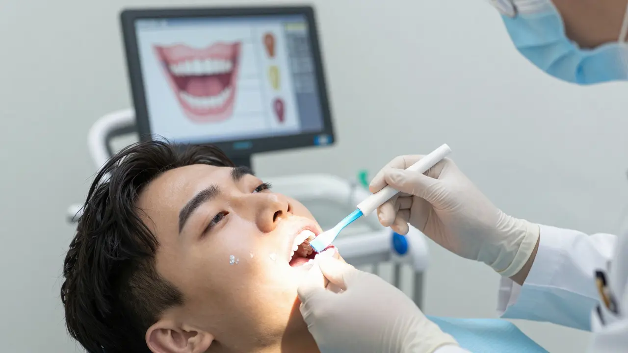 Zubní lékař aplikuje fluoridový gel pacientovi na zuby v klinice.