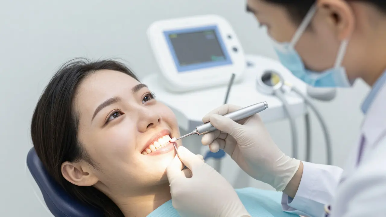 Zubní lékař přilepuje fazetu na přední zub pacienta v moderní zubní klinice.