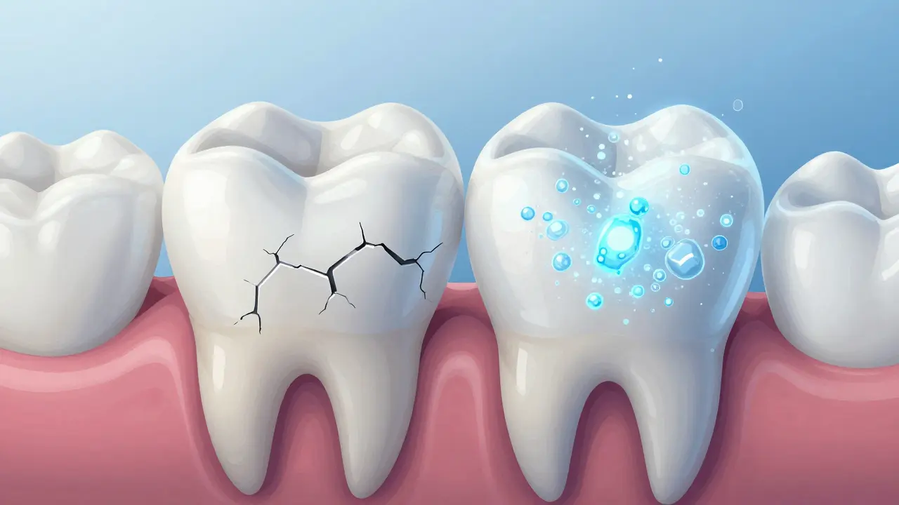 Zvětšený pohled na zubní email: poškozený vlevo, obnovovaný hydroxyapatitem vpravo.