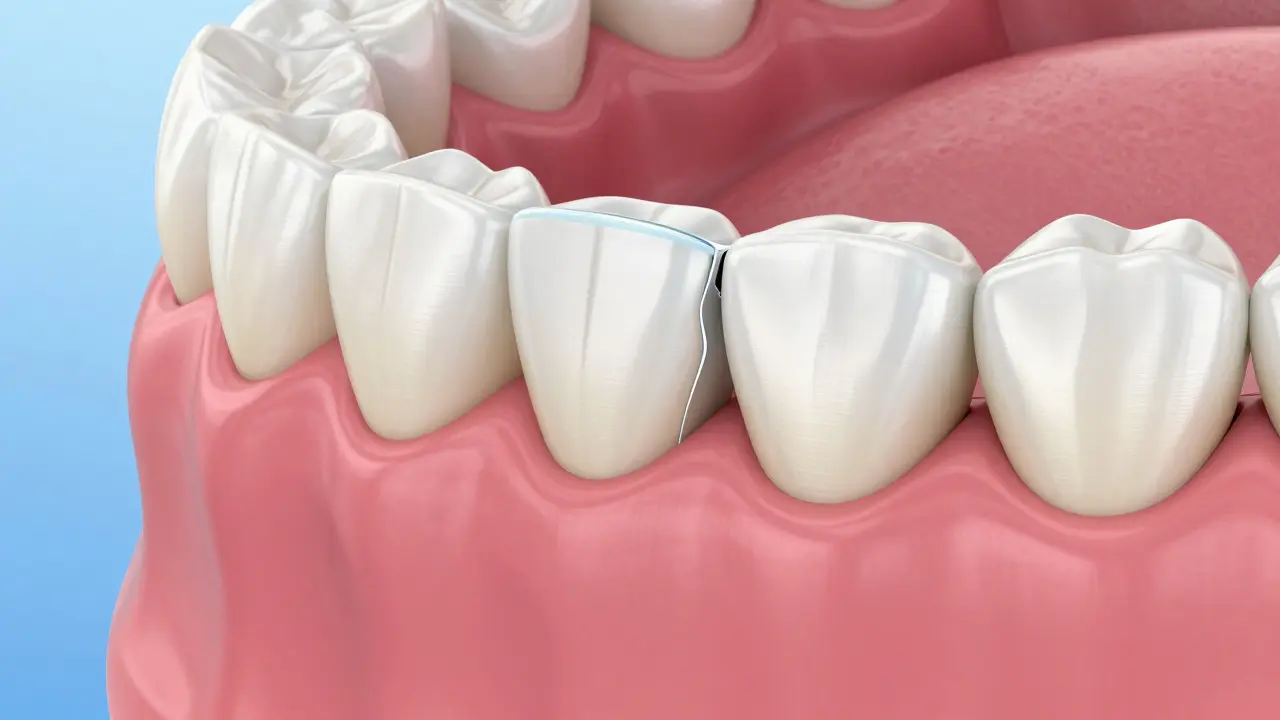 3D ilustrace přiložení keramické fazety na povrch zubu.