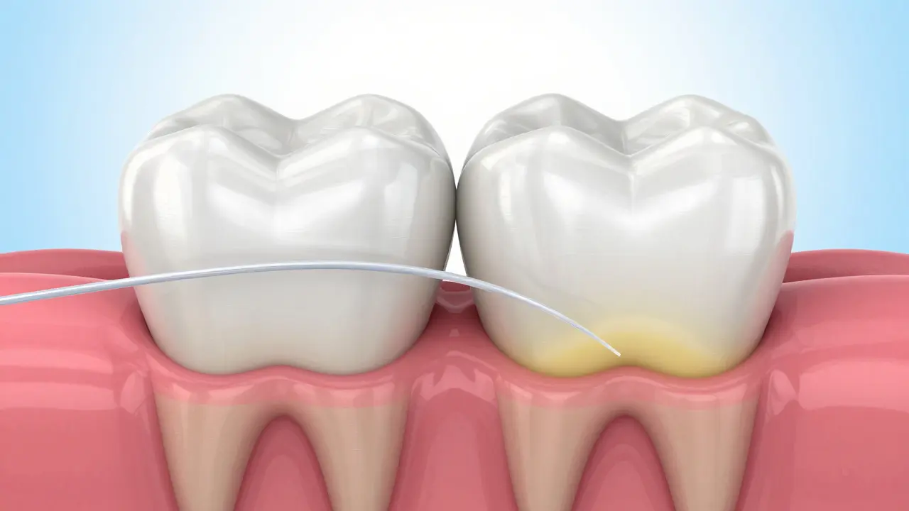 3D ilustrace správné techniky nitování v tvaru písmene C u dásní.