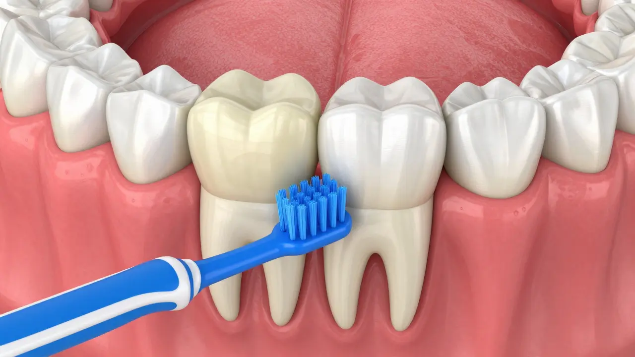 3D ilustrace správného vkládání mezizubního kartáčku do mezery mezi zuby.