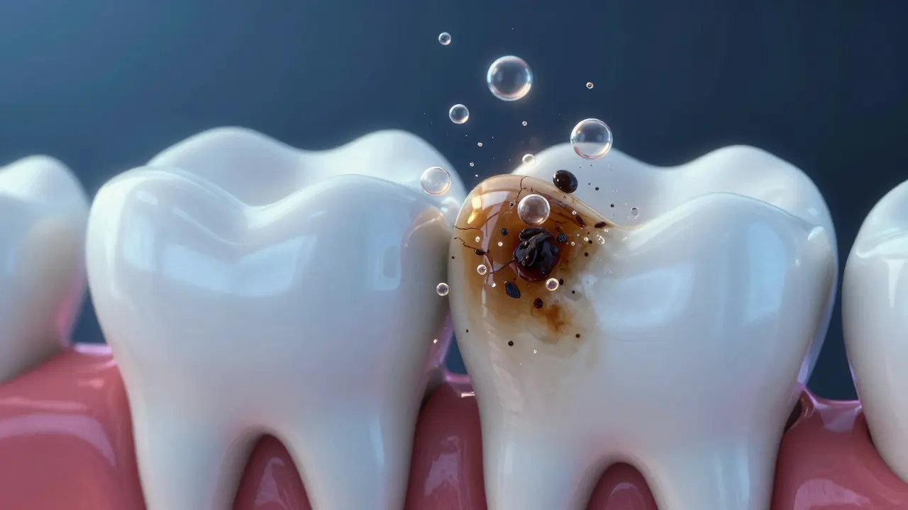 3D vizualizace procesu odstranění pigmentů z vnitřku zuba.