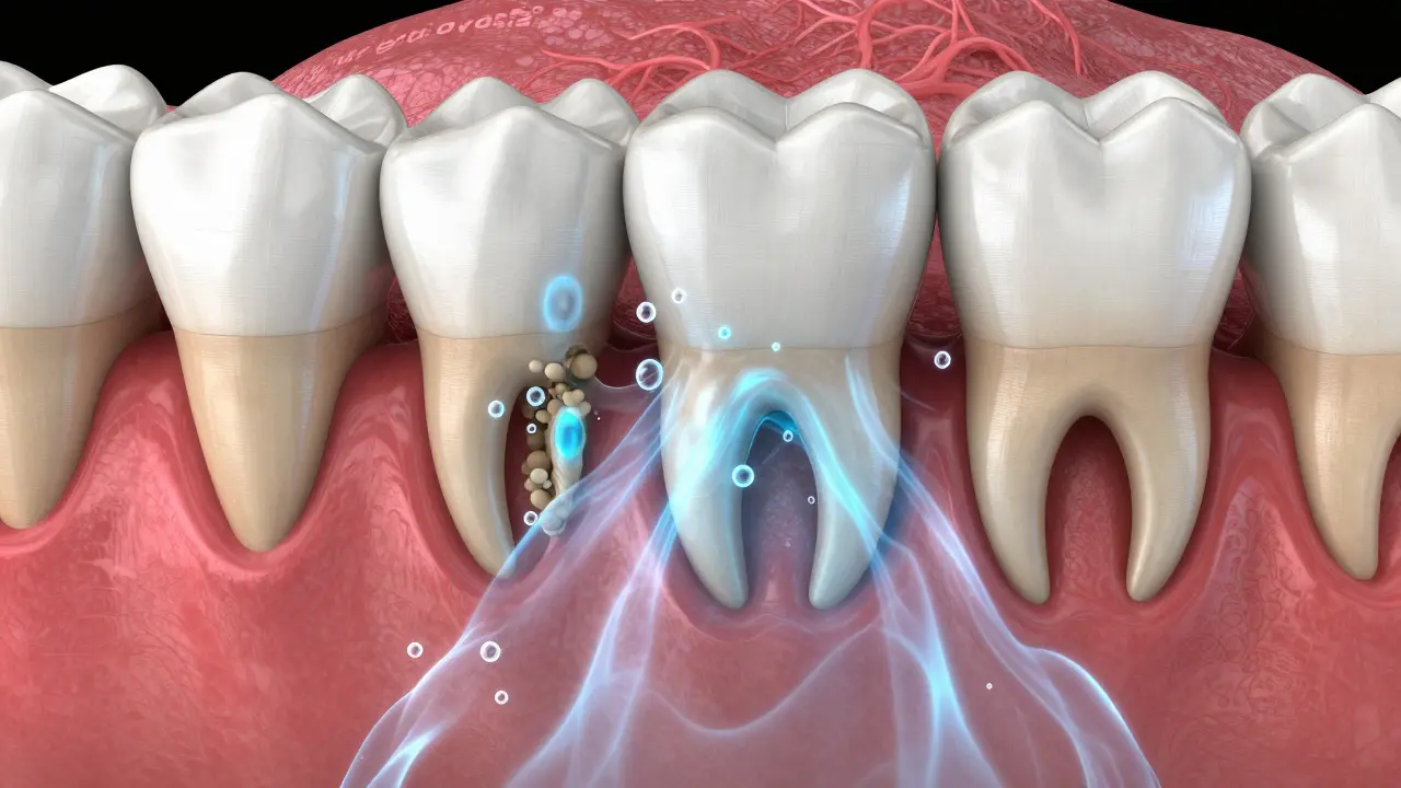 3D vizualizace sonického čištění plaku z parodontálních kapes.