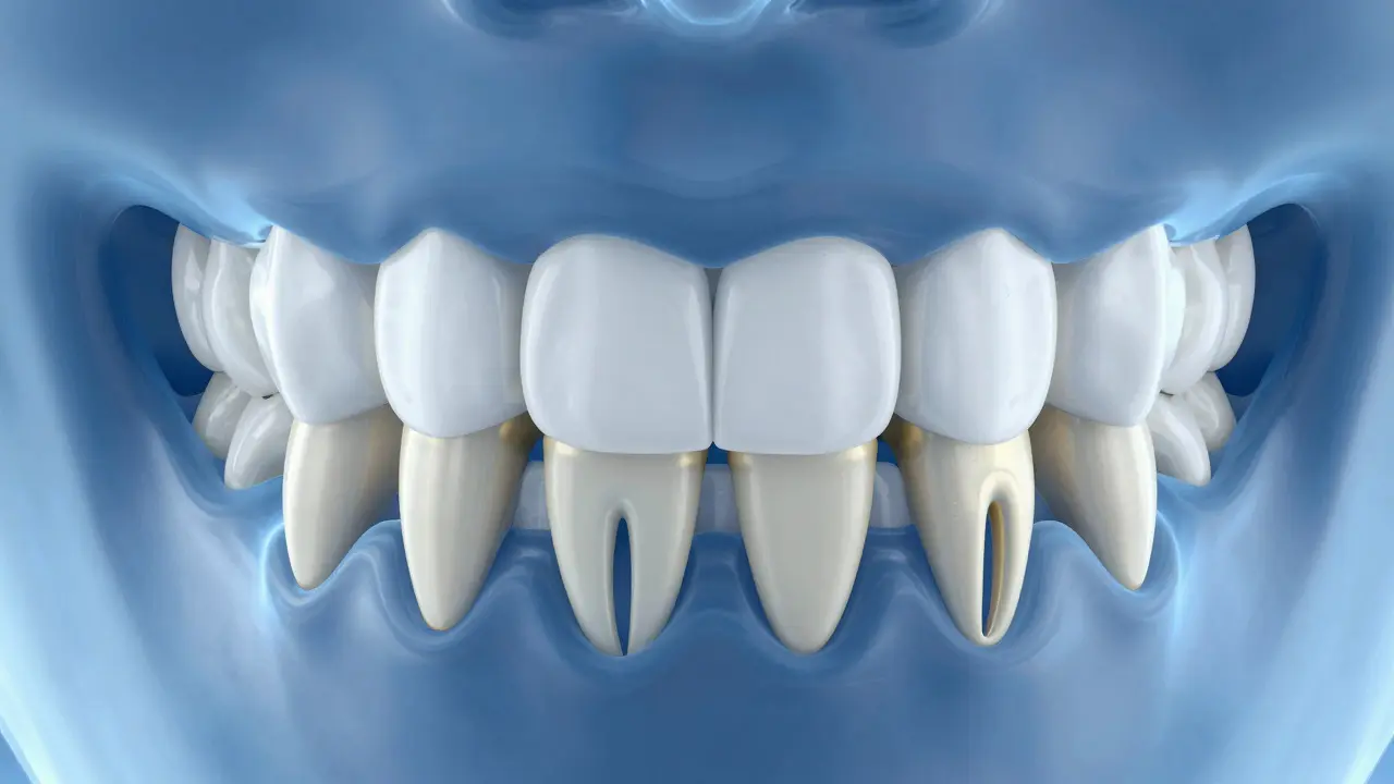 Anatomická ilustrace kutníků a předzesnilků v čelisti.