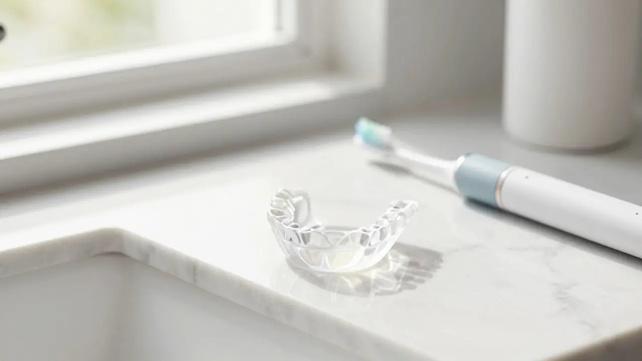 Bělicí šablona s gelem a elektrický kartáček v moderní koupelně.