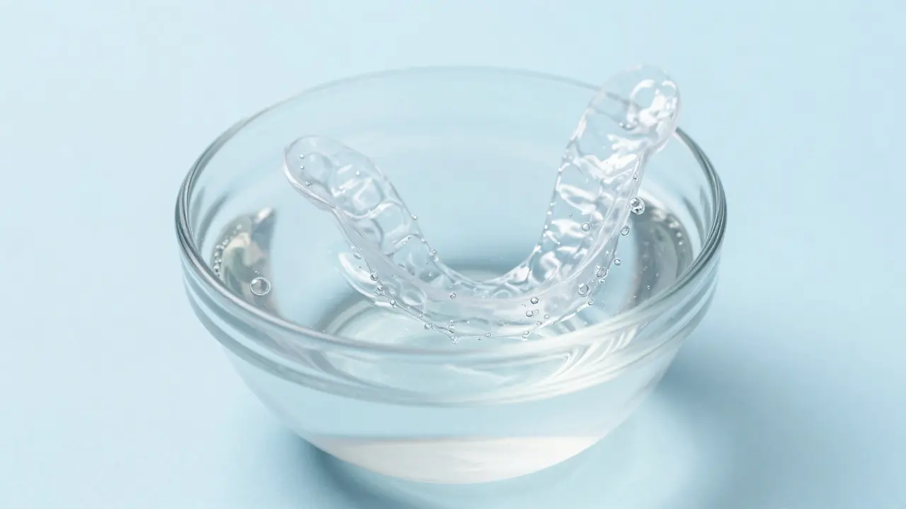 Chránič na zuby namáčený v čirém roztoku vody a octa v glassové misce.