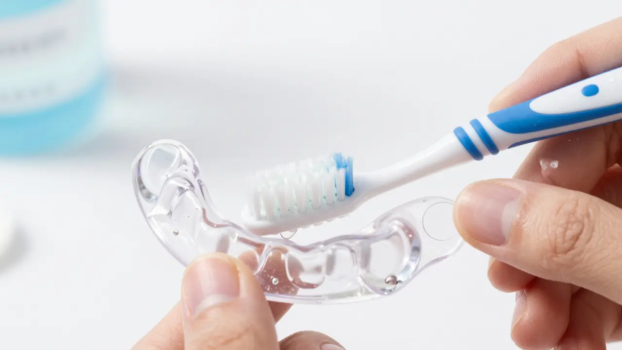 Čištění chrániče na zuby pomocí jemného kartáčku a tekutého mýdla.