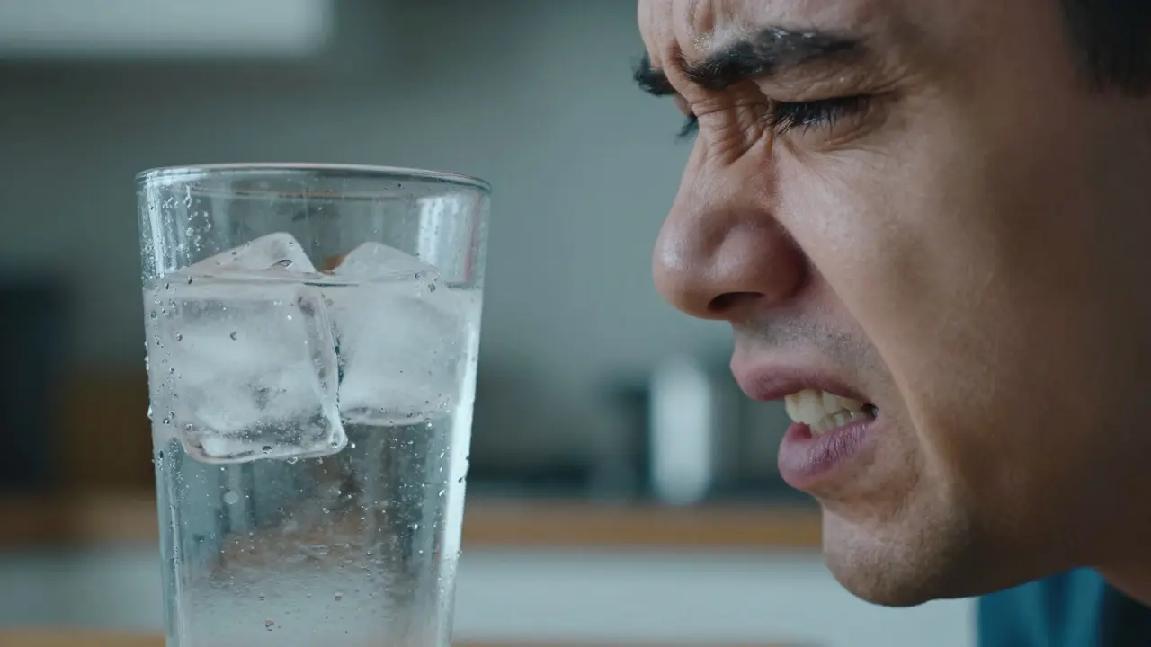Člověk s výrazem bolesti při kontaktu s ledovou vodou, znázornění citlivosti zubů.