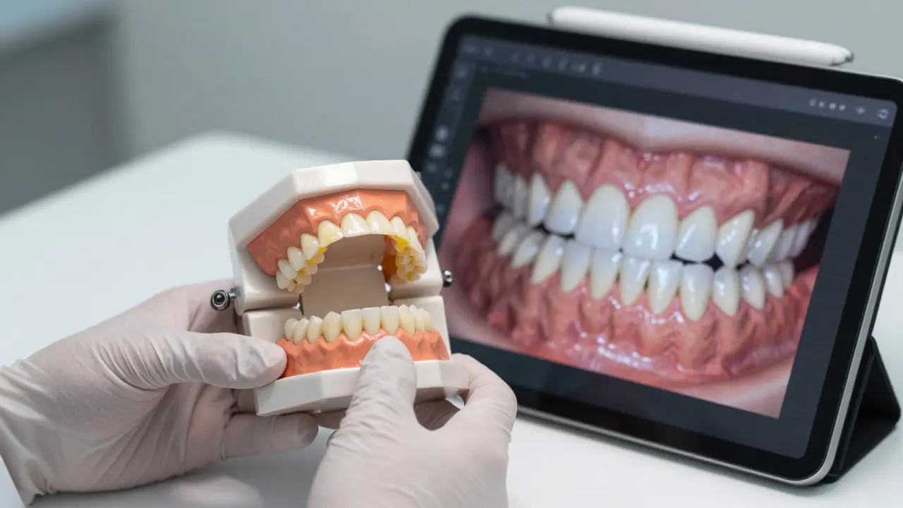 Dentní model z vosku a digitální plánování budoucího vzhledu úsměvu.