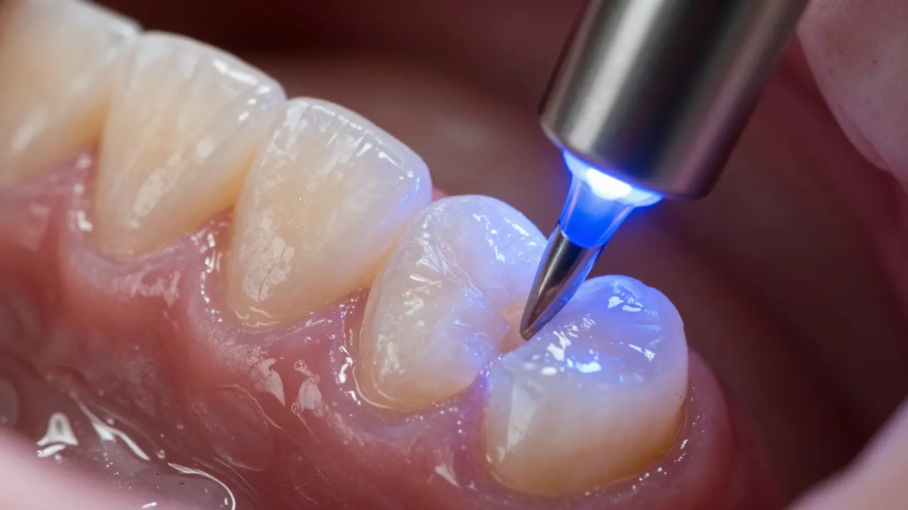 Detail aplikace kompozitního bondingu na přední zuby pod UV světlem.
