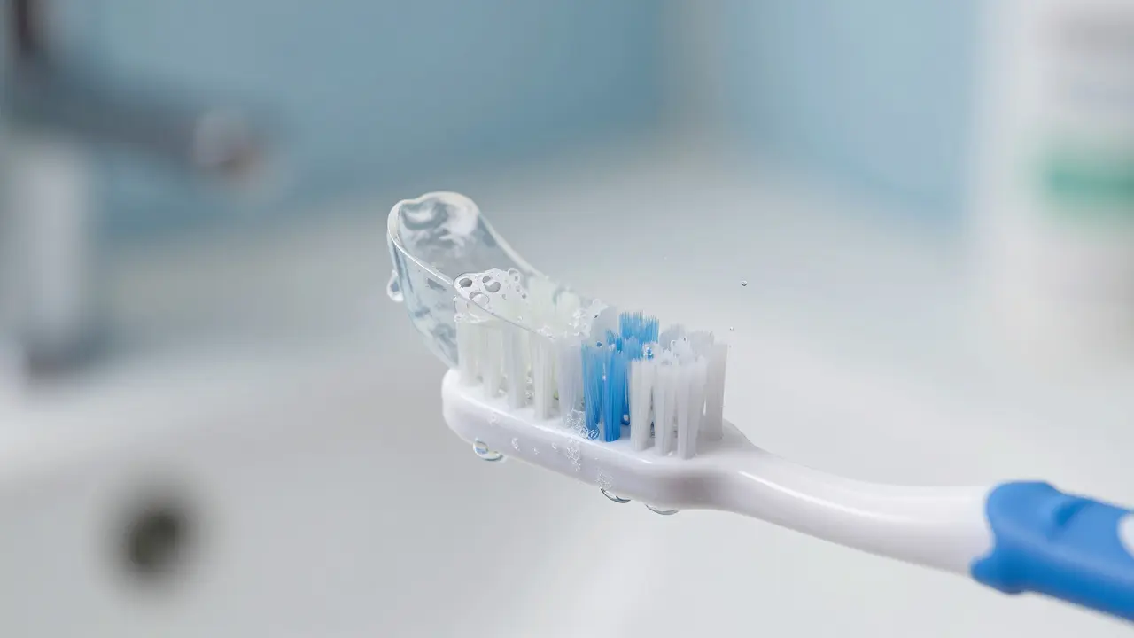 Detail jemného čištění nalepovacích zubů měkkým kartáčkem s mýdlovou pěnou.