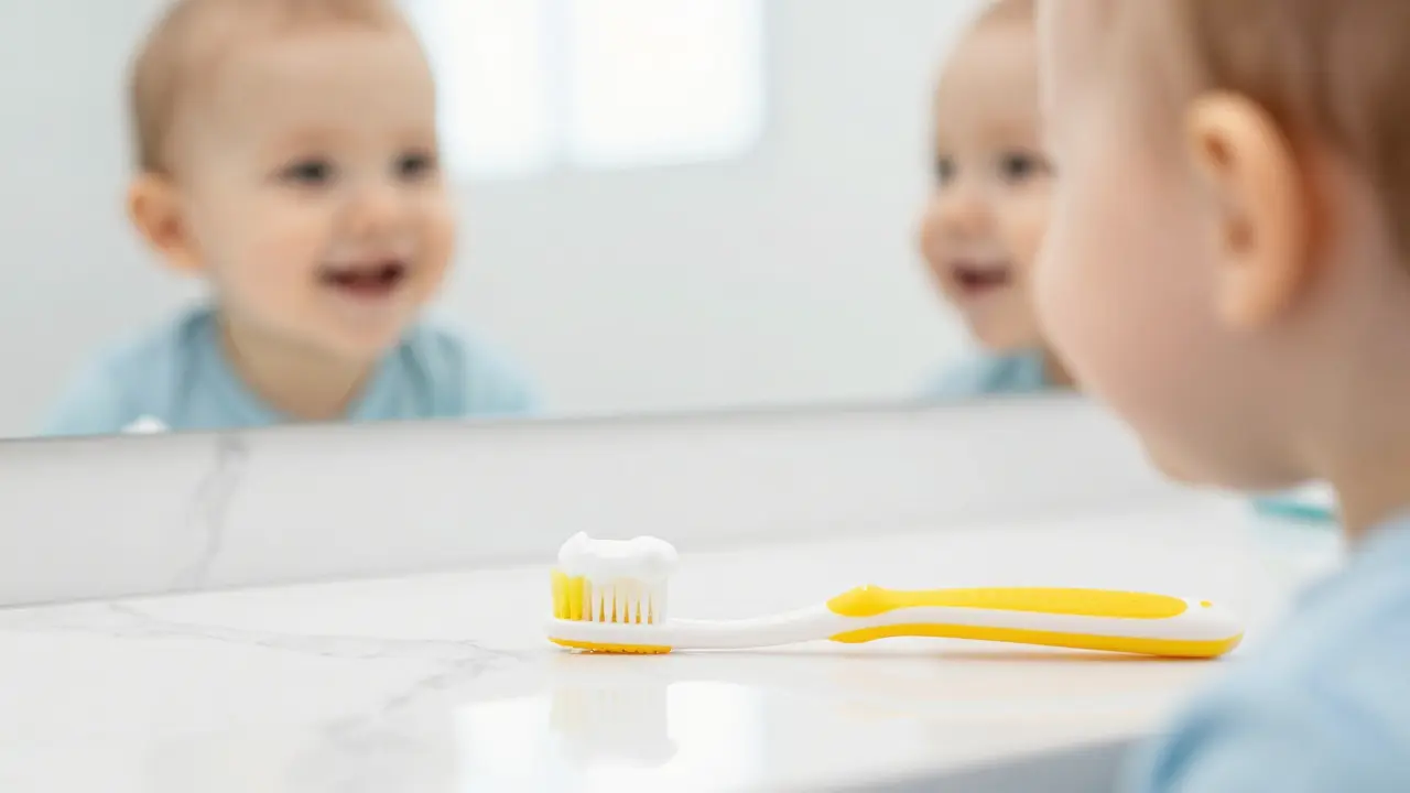 Dětský kartáček s malým množstvím pasty na bílém podloží