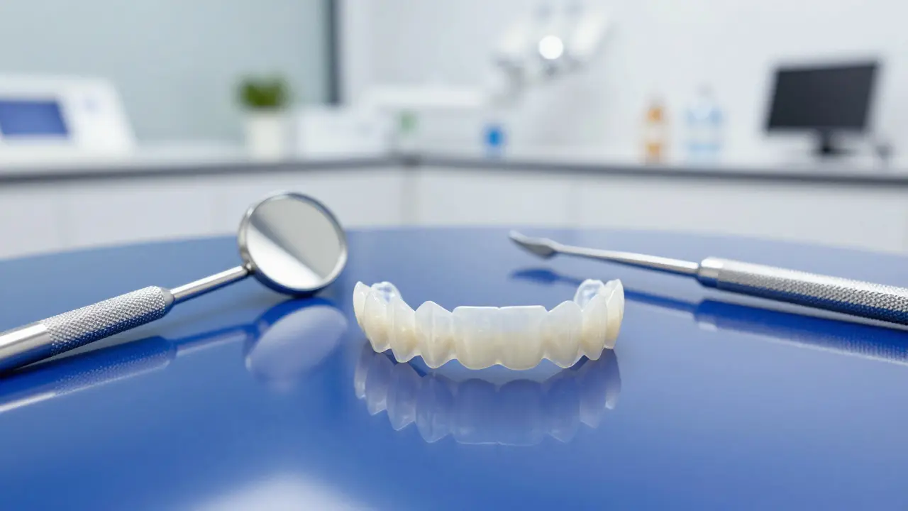 Keramické dentální fasety na reflexním povrchu v moderní klinice.