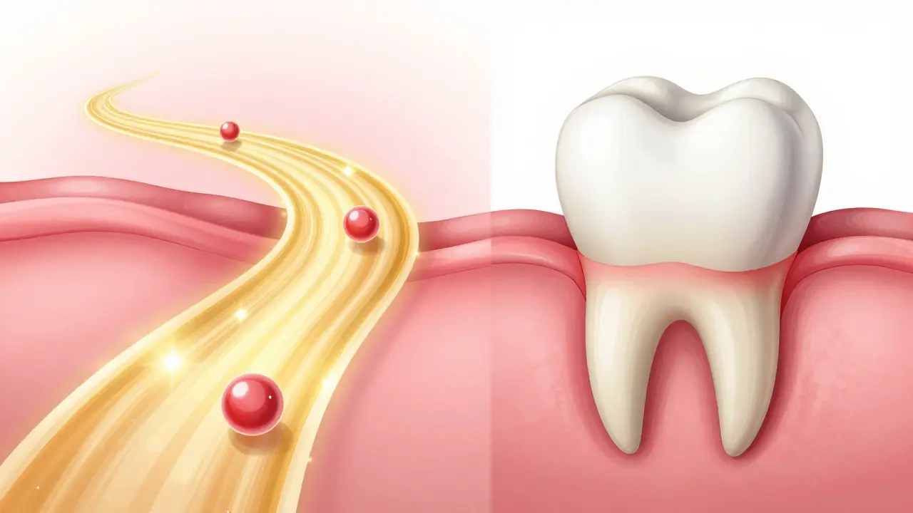 Konceptuální ilustrace vlivu hormonů progesteronu a estrogenu na dásně.
