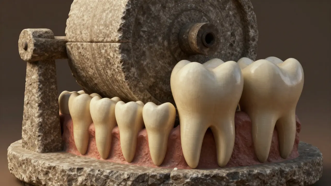 Konceptuální obraz moláru spojeného s kamenným mlýnem.