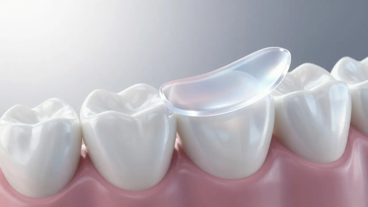 Konceptuální zobrazení tenké keramické fázety přiklázené na zub.