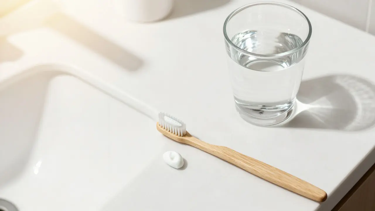 Měkký kartáček a pasta pro citlivé zuby na mramorové desce v koupelně.