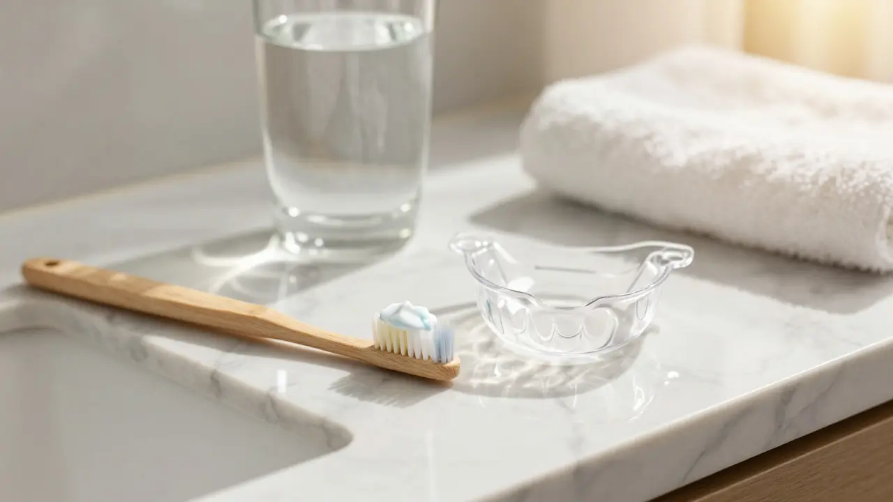 Měkký kartáček na zuby a průhledná noční šina na mramorovém povrchu.