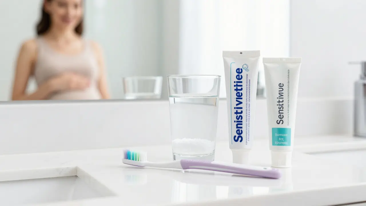 Měkký zubní kartáček a sklenice slané vody na bílém mramorovém povrchu.