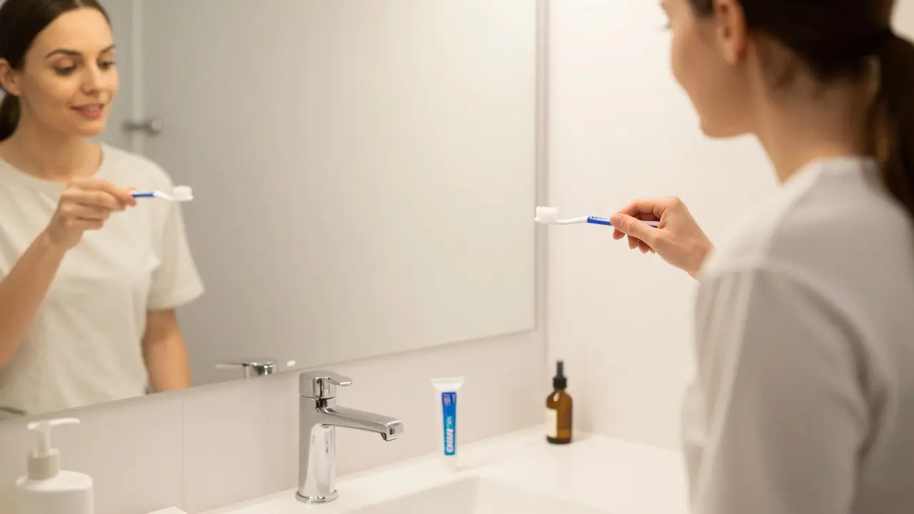 Osoba před zrcadlem v koupelce provádějící večerní mezizubní čištění.
