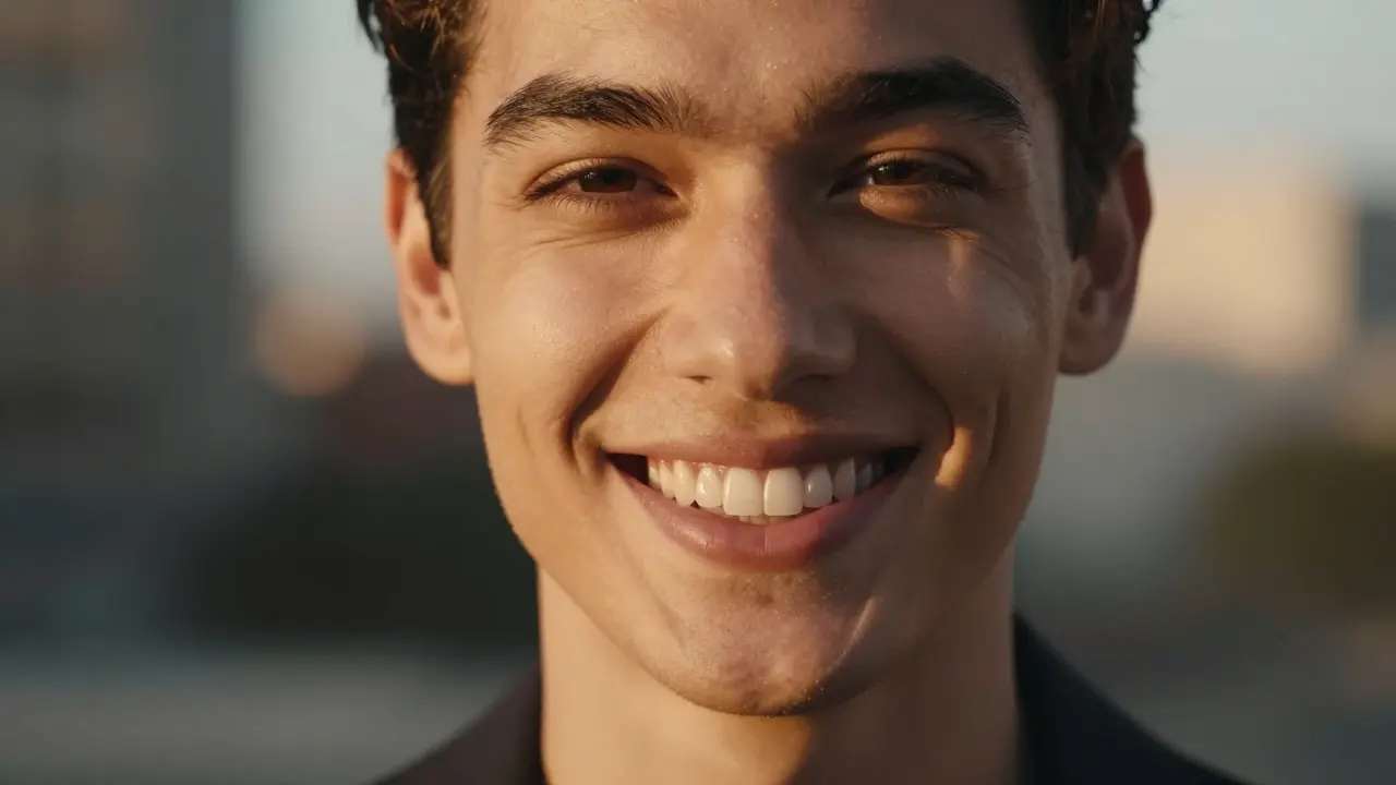 Portrét šťastné osoby s perfektním a symetrickým bílým úsměvem.