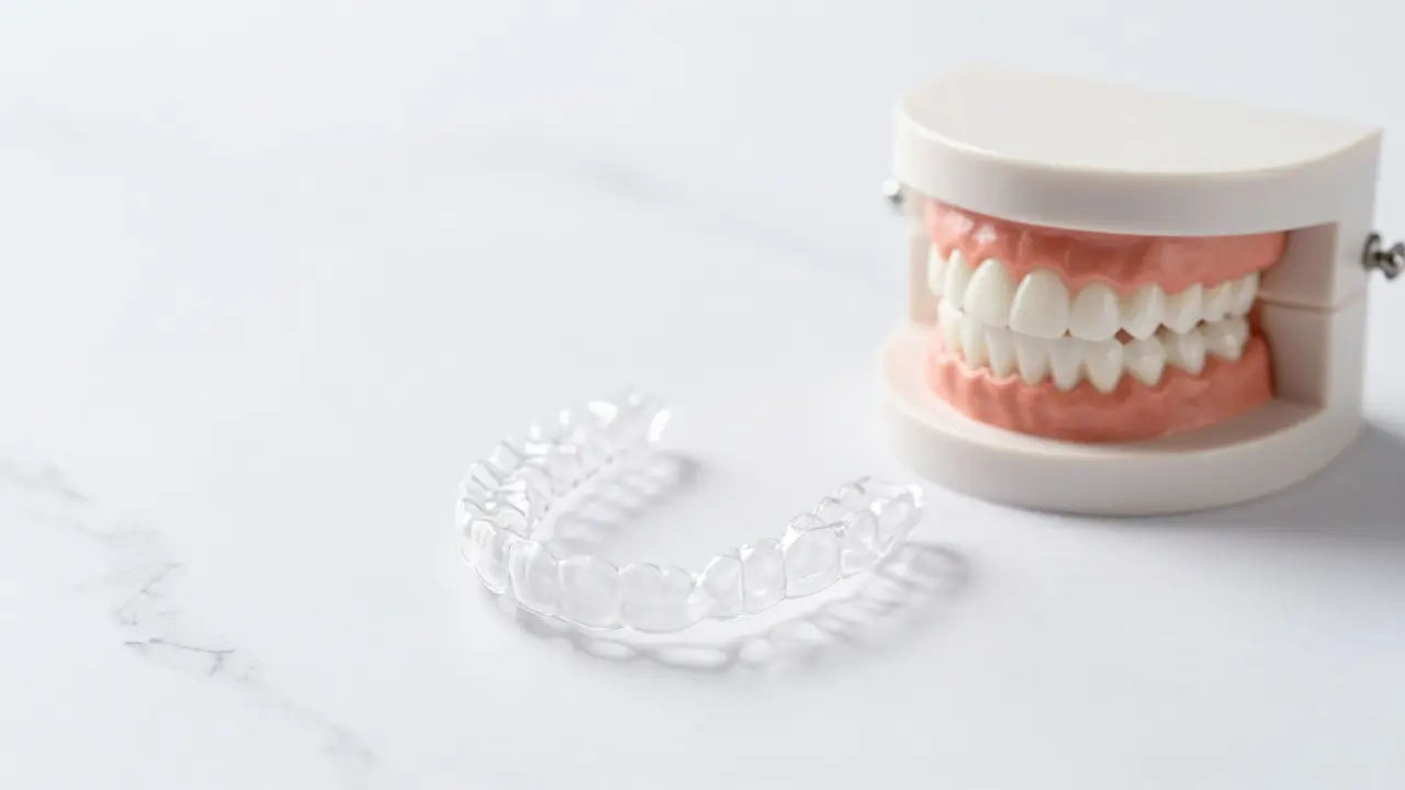 Průhledná alignerová fólie a model budoucího úsměvu na bílém povrchu.