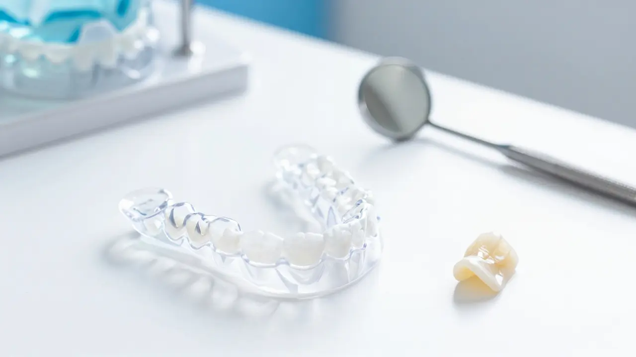 Průhledné alignery a materiály pro bonding na bílém podkladu