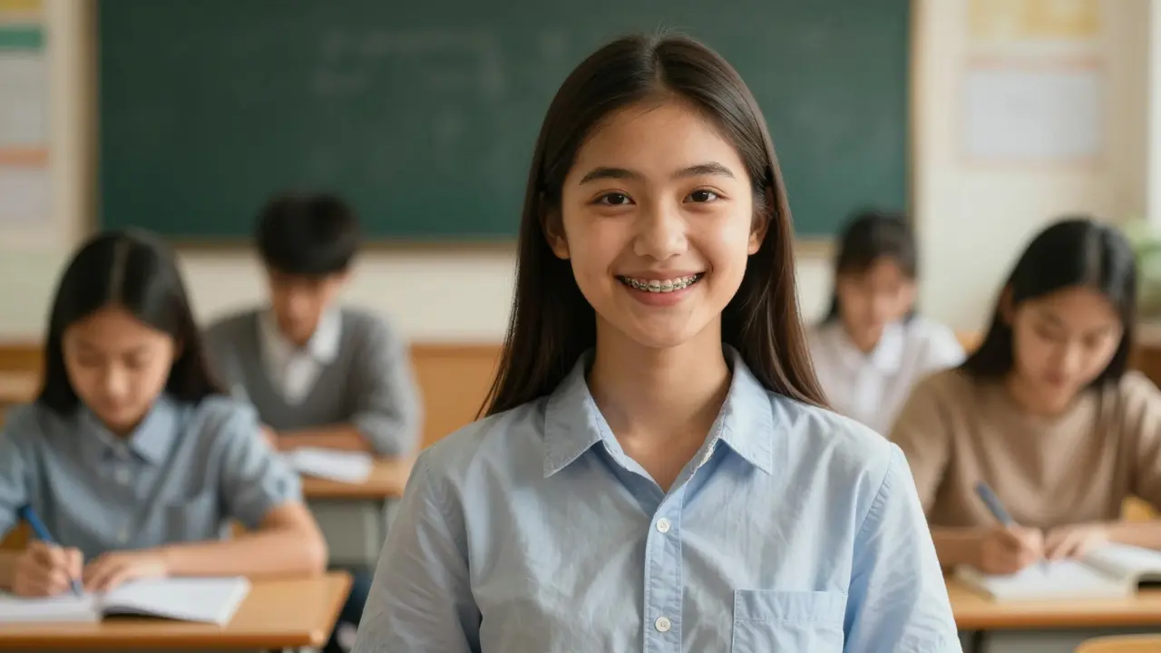 Sebevědomý student s rovnátky a gumičkami usmívá se ve třídě.