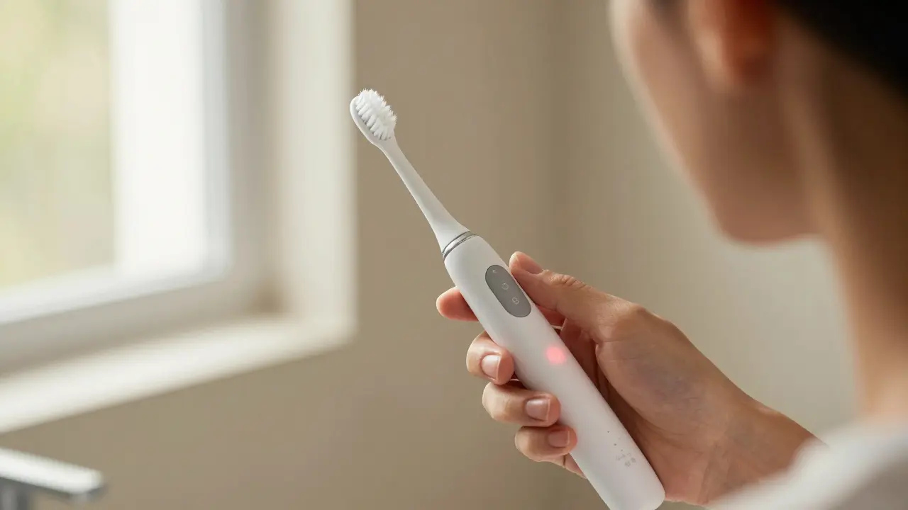 Správný úhel 45 stupňů při čištění zubů sonickým kartáčkem.