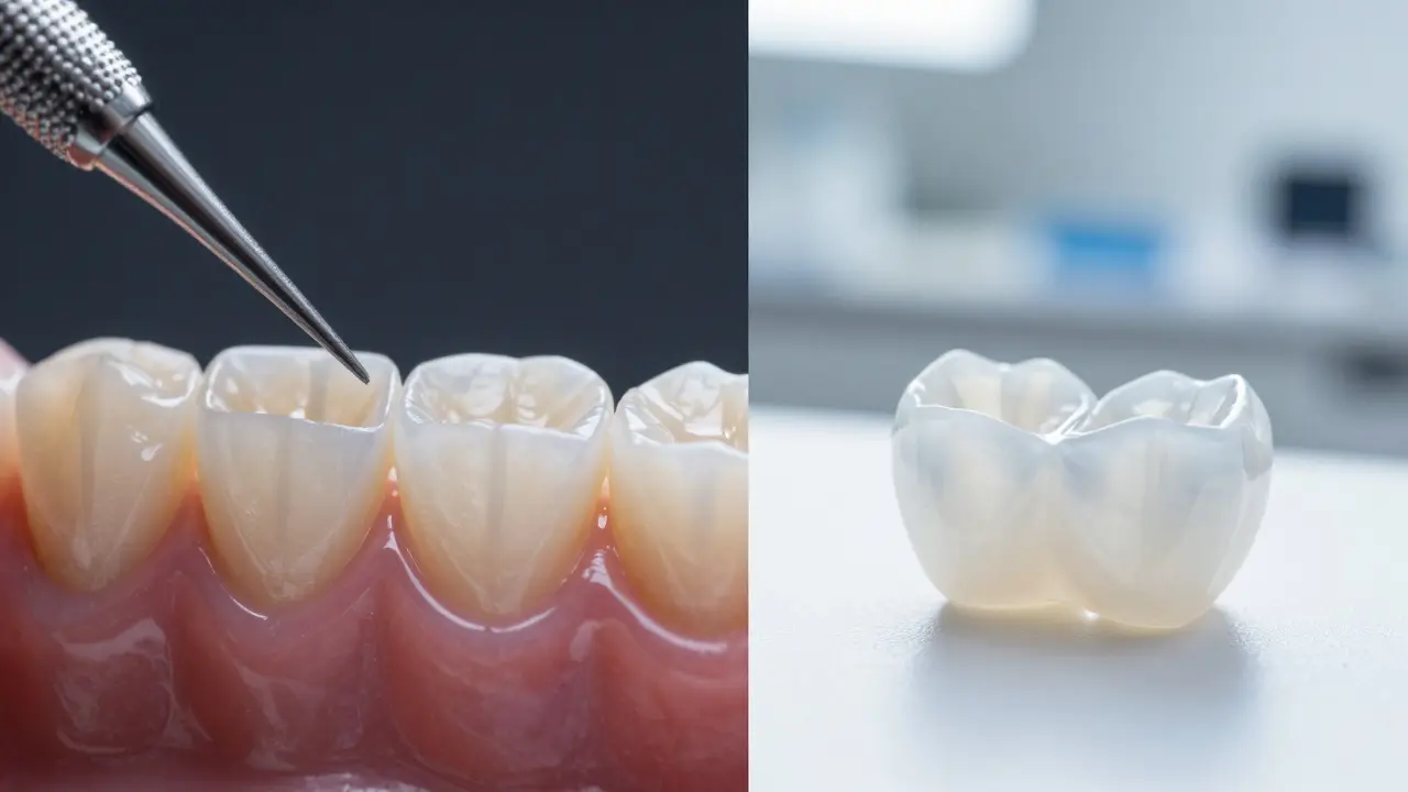 Srovnání kompozitní fasety při aplikaci a průsvitné porcelánové skořápky.