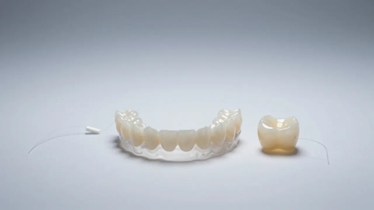 Srovnání materiálů: akrylátové nalepovací zuby, keramická faseta a dentální nit.