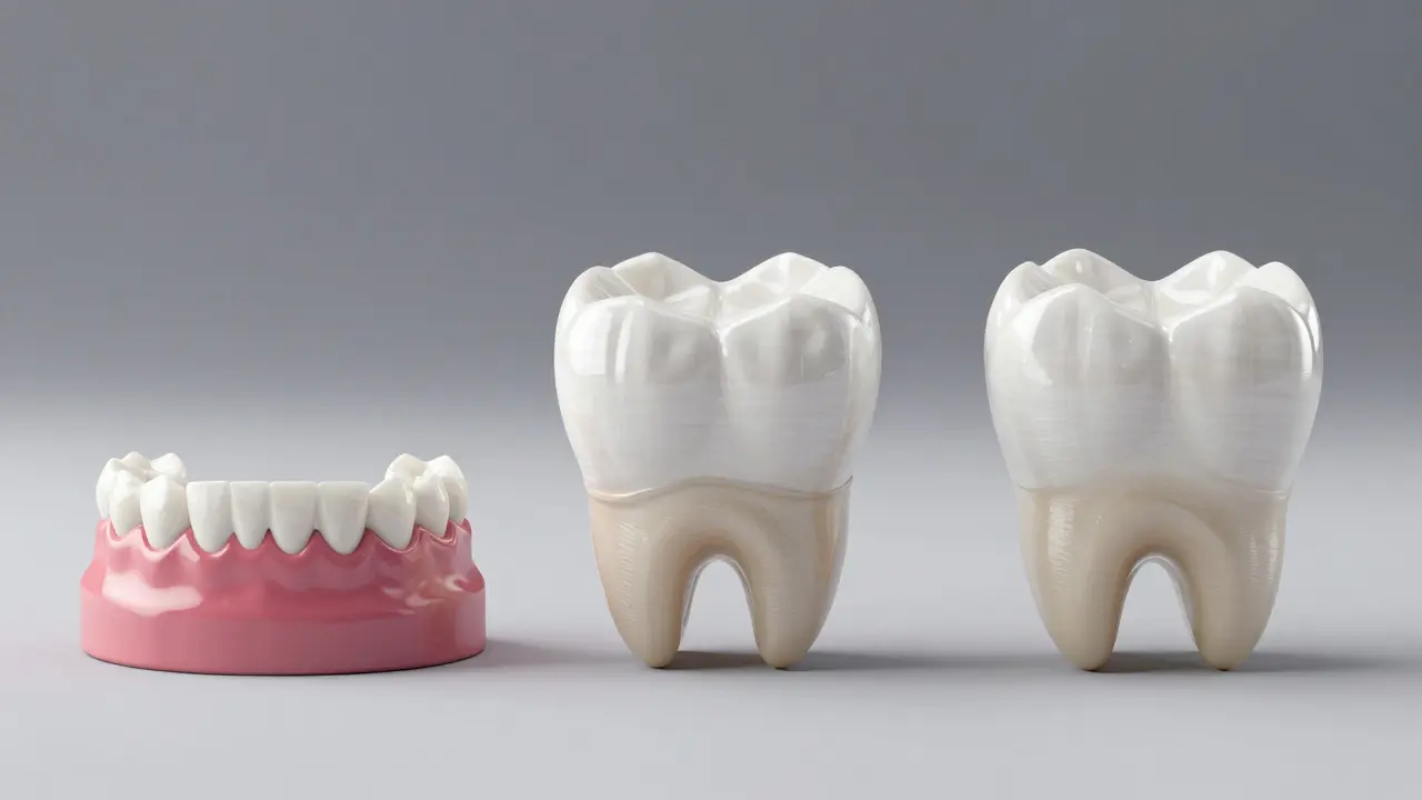 Srovnání tří metod opravy zubu: plomba, fazetka a korunka.