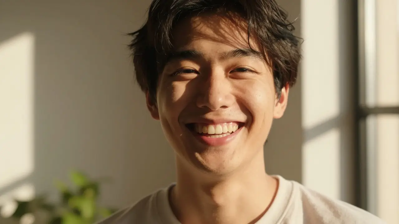 Šťastný člověk s přirozeným bílým úsměvem v teplém přirozeném světle.