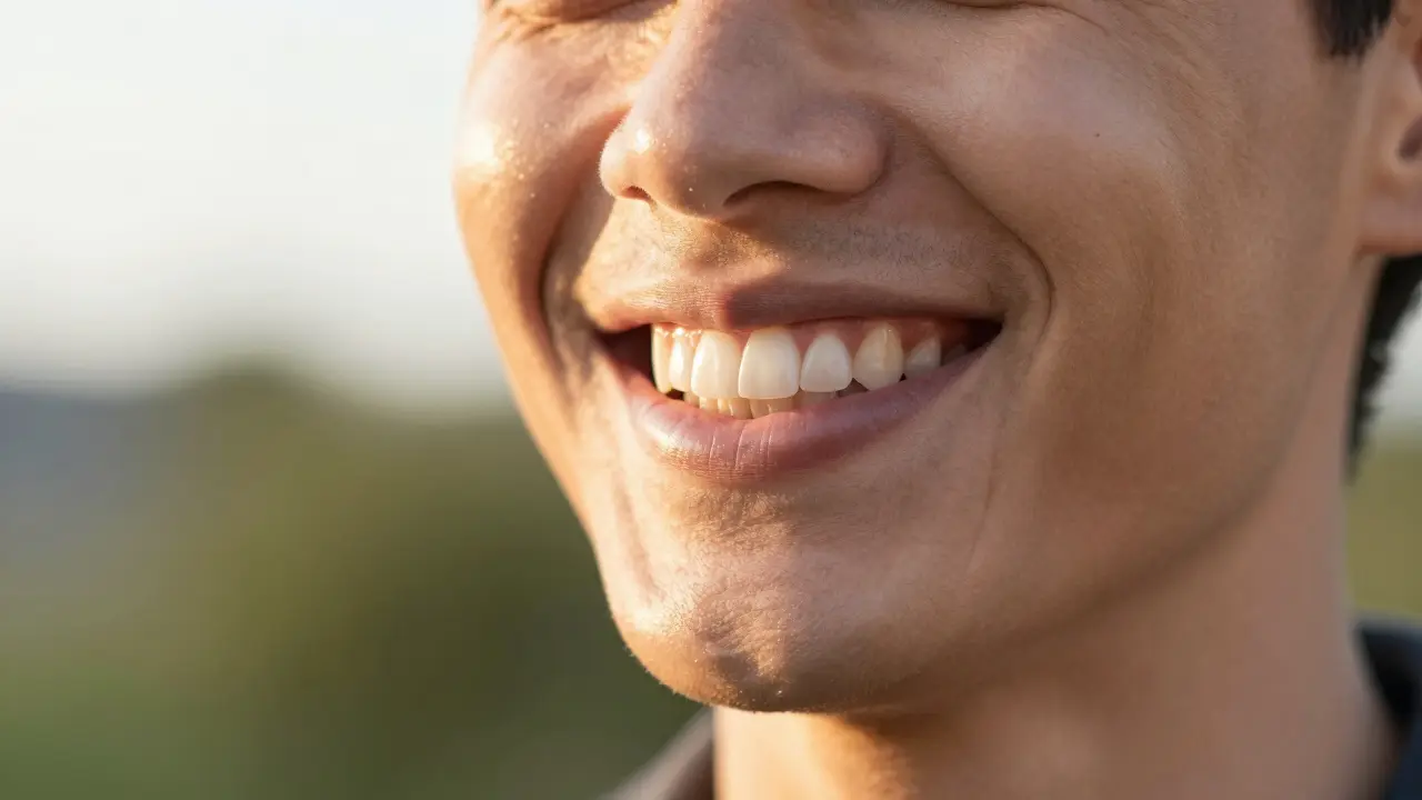 Úsměv člověka s přirozeně vypadajícími zubními plátky