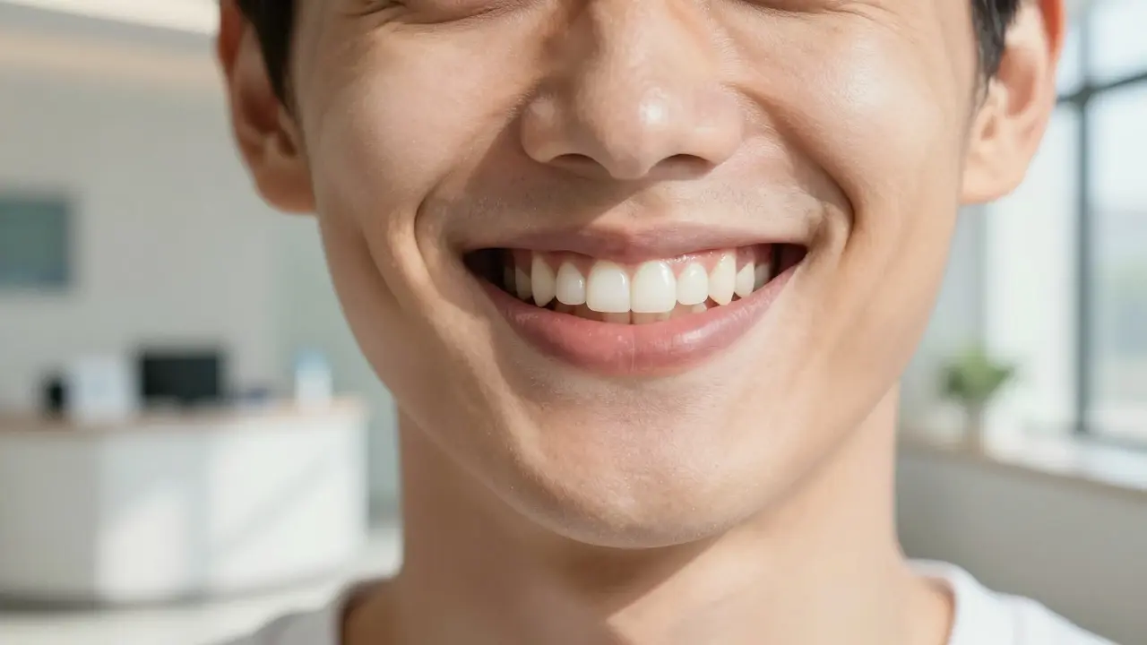 Úsměv spokojeného pacienta po dentální péči