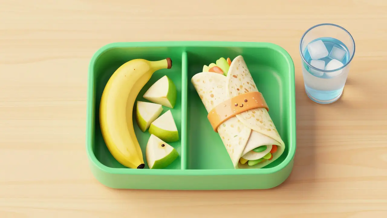 Zdravá svačina s nakrájeným jablkem a banánem na školském stole.