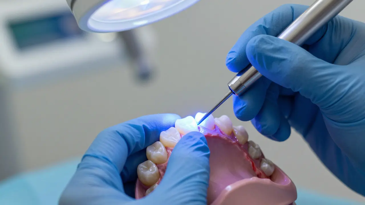 Zubní lékař aplikuje kompozitní plombu pomocí modré LED lampy.