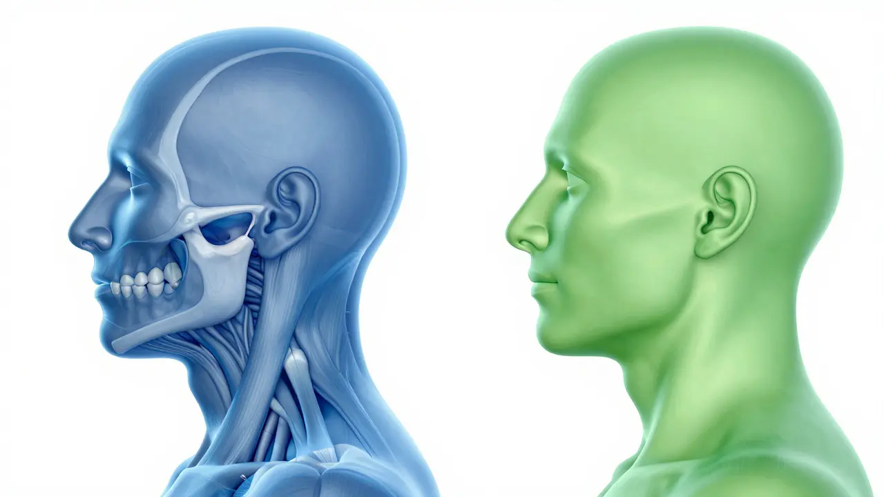 Anatomická ilustrace ukazující dopad skusu na držení těla