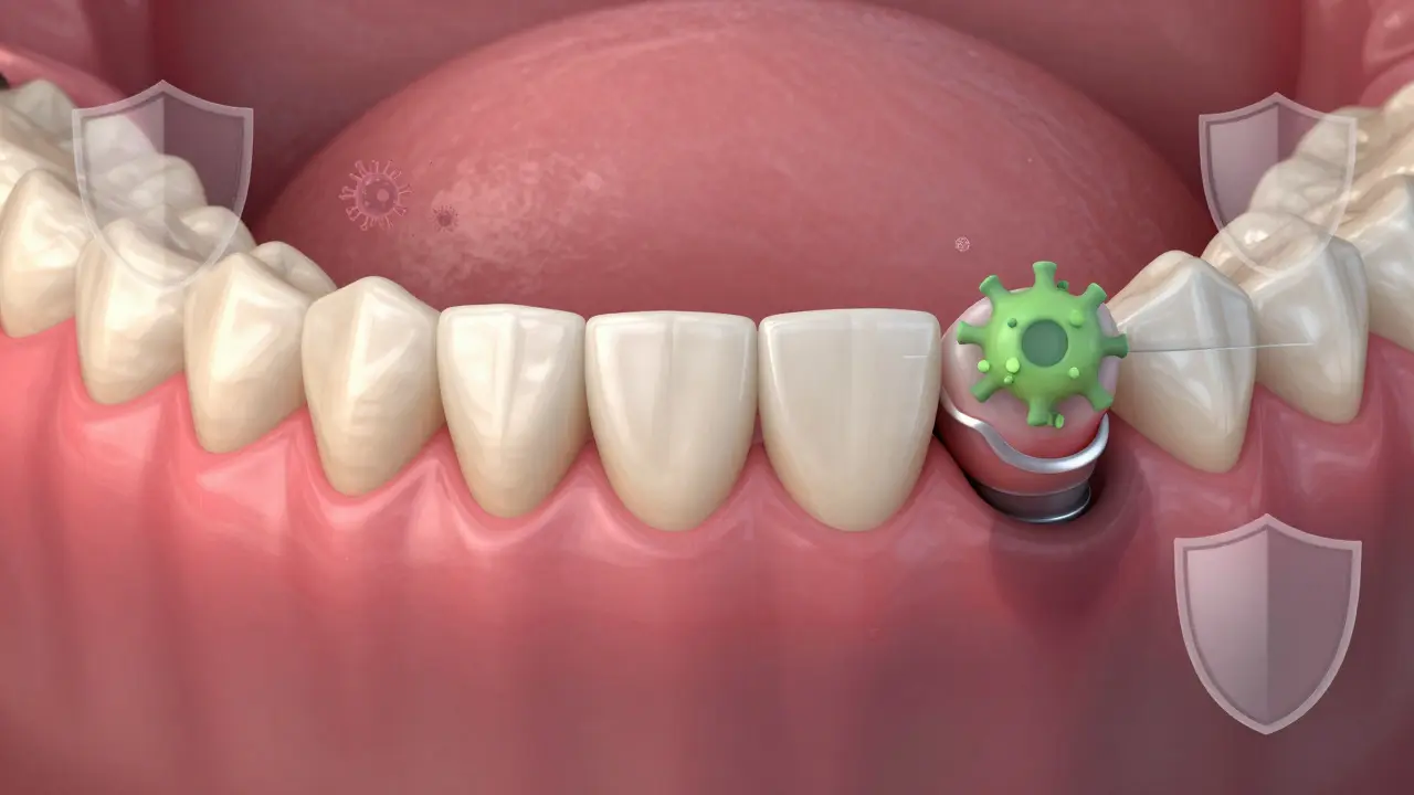 Konceptuální zobrazení zdravých dásní versus rizika kolem implantátu.
