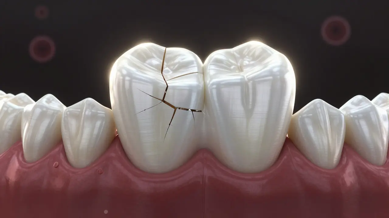 Porcelánová korunka s mikroskopickými prasklinami od skřípání