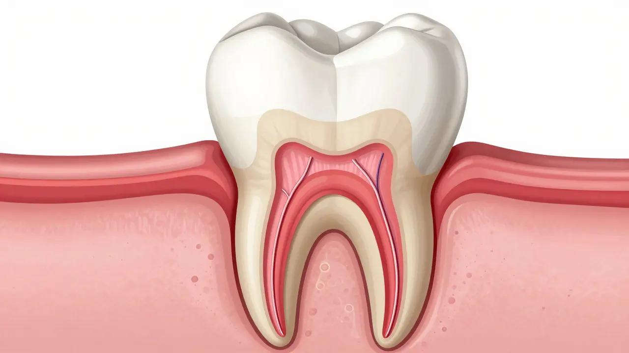 Příčný průřez zubem ukazující sklovinu, dentin a pulpu