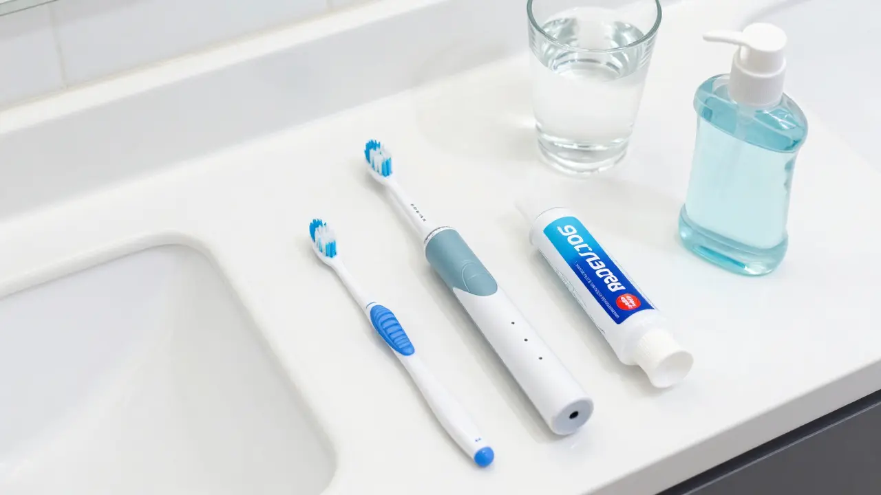 Hygienické potřeby pro čištění rovnátek: elektrický kartáč a mezizubní štětec