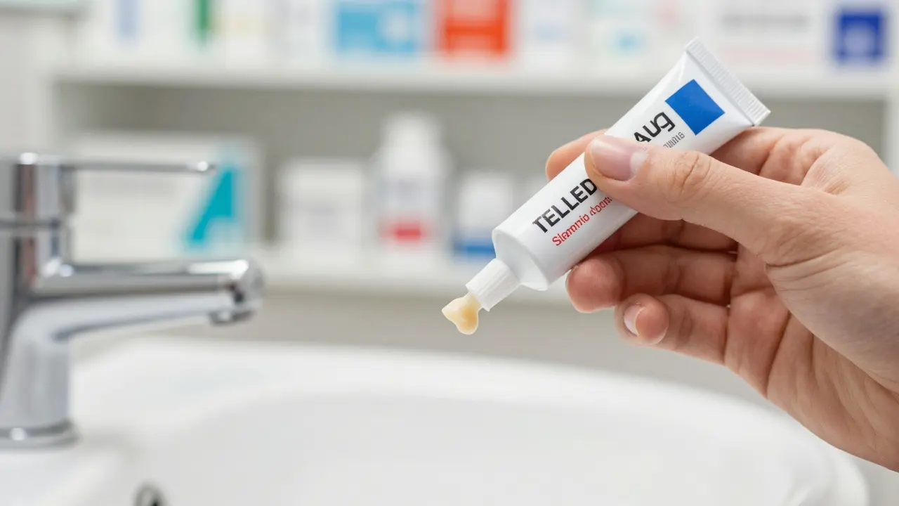 Ruka nanáší dočasný dentální cement z tuby