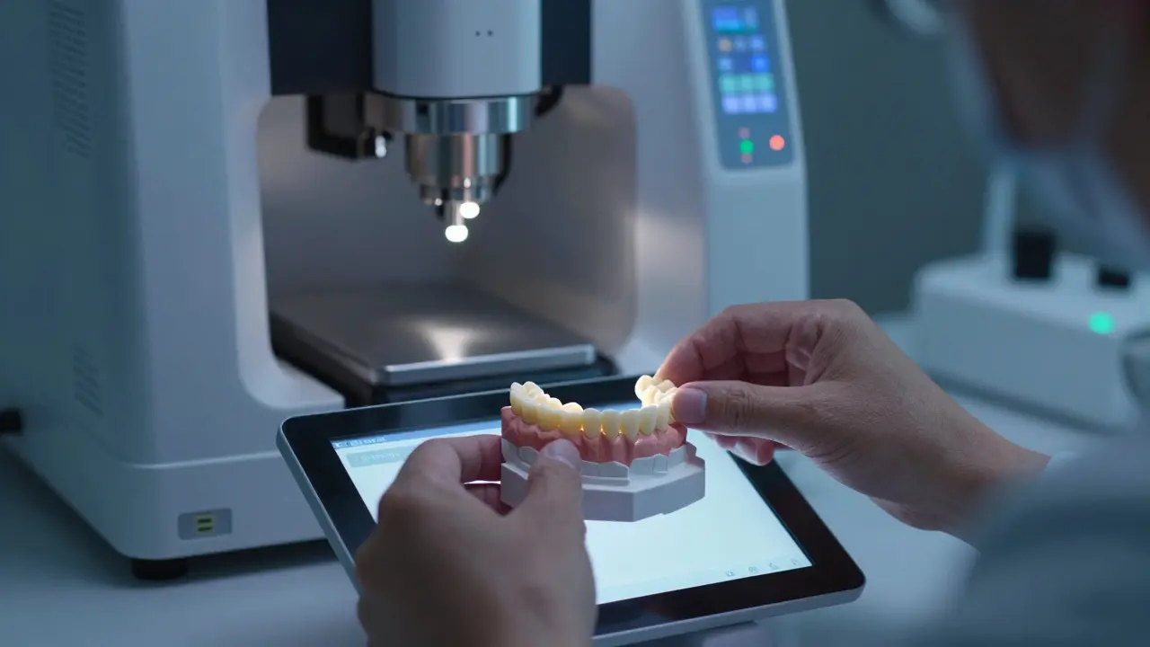Technik vyrábí zubní můstek pomocí moderního laboratorního vybavení
