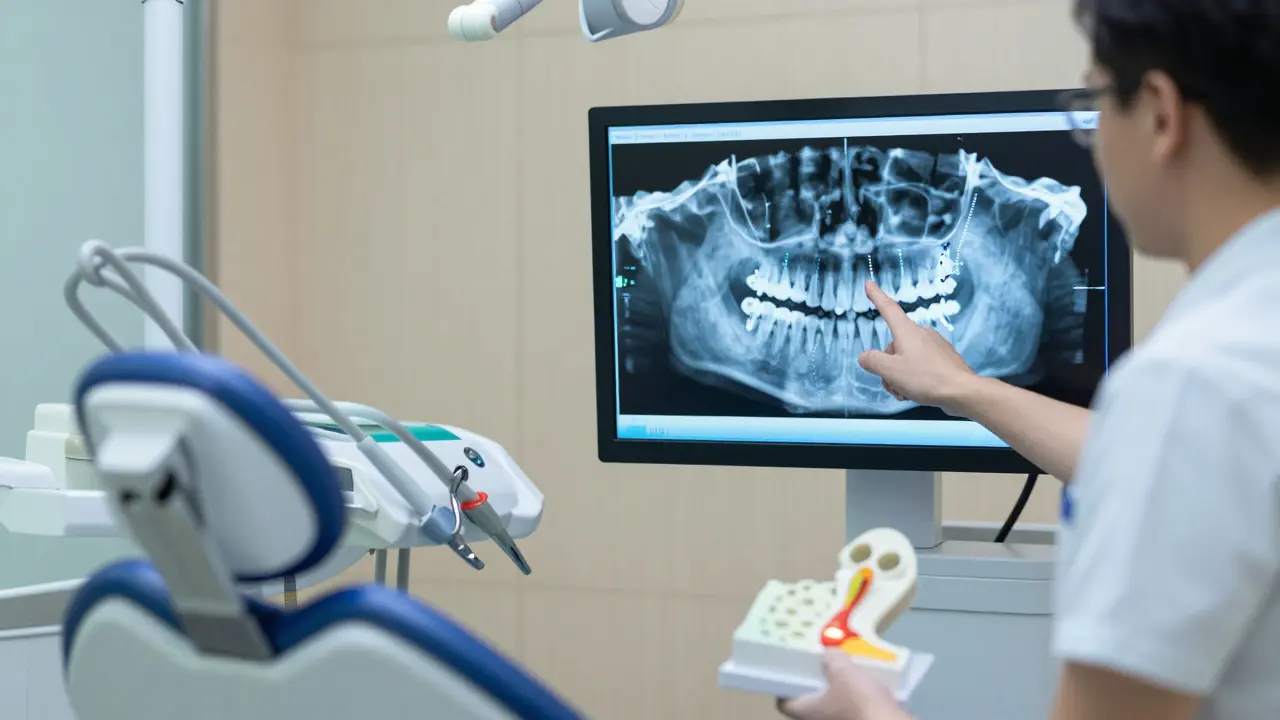 Zubní lékař vysvětluje plánování implantátu pomocí 3D digitálního skenu v moderní ordinaci.